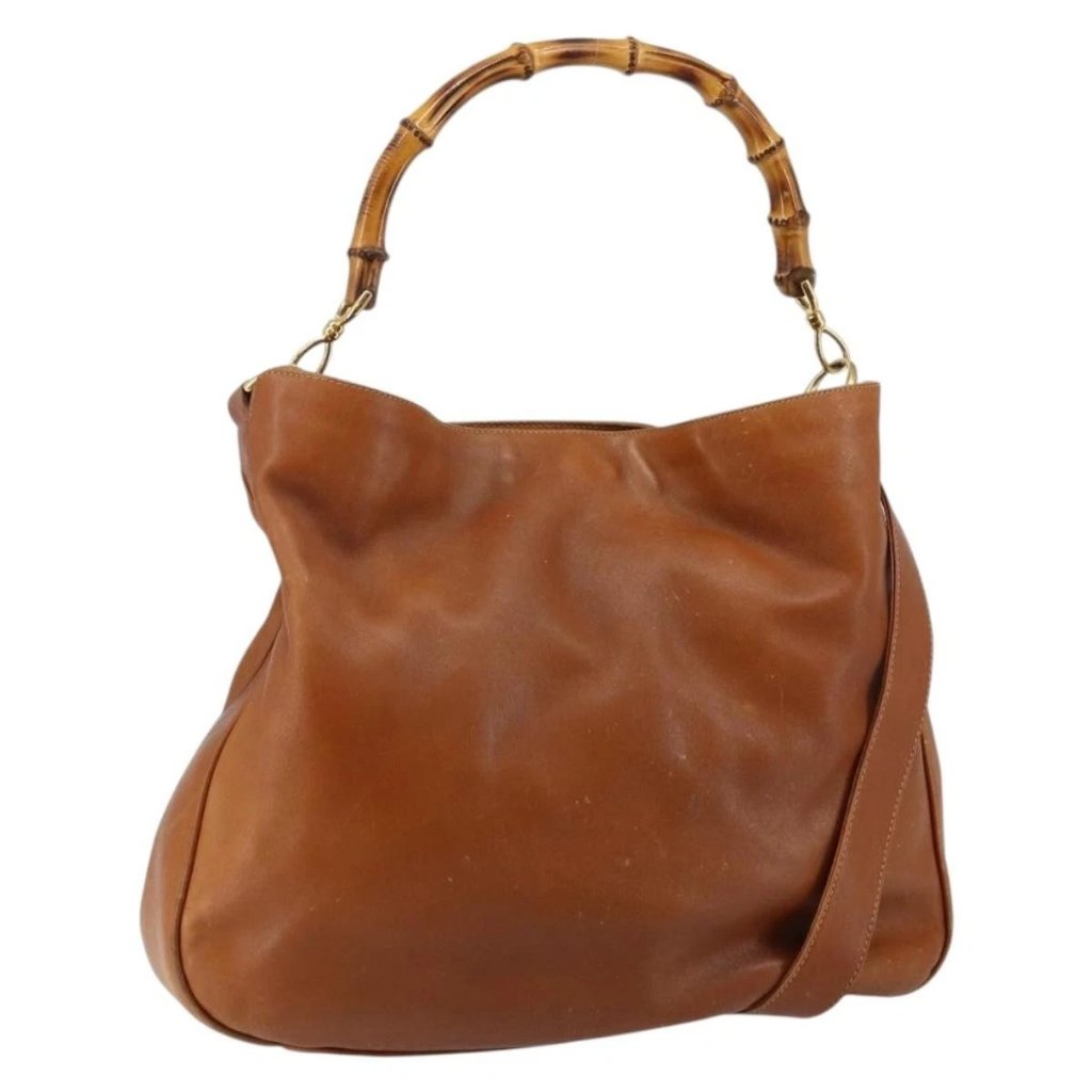 Gucci Bamboo Hand Bag Leather 2way Beige Silver 001 1577 Auth 143268